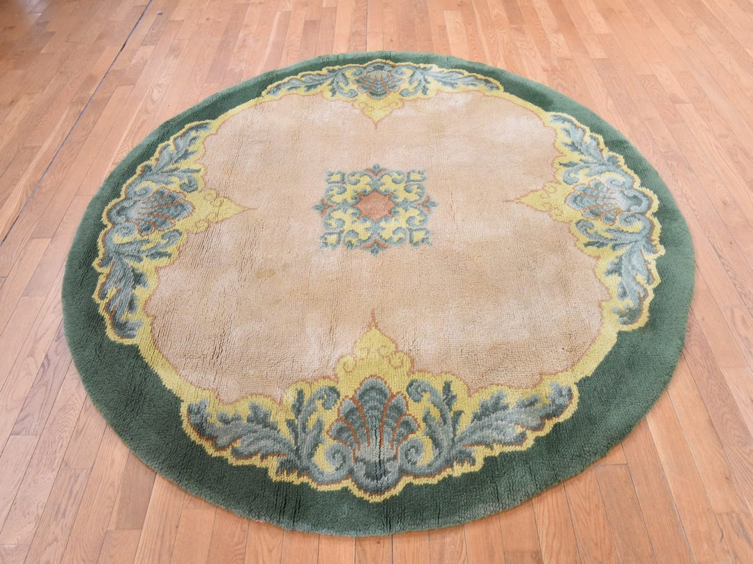 7'0" x 7'5" Vintage Hand Knotted Green Wool Round Oriental Rug - MOA10278632