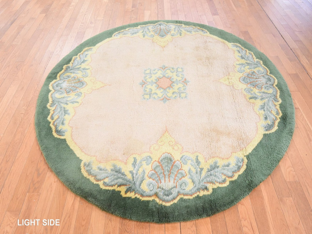 7'0" x 7'5" Vintage Hand Knotted Green Wool Round Oriental Rug - MOA10278632
