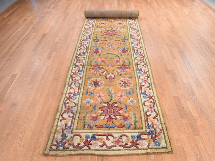 4'4" x 17'4" Vintage Hand Knotted Yellow Wool Runner Oriental Rug - MOA10278639