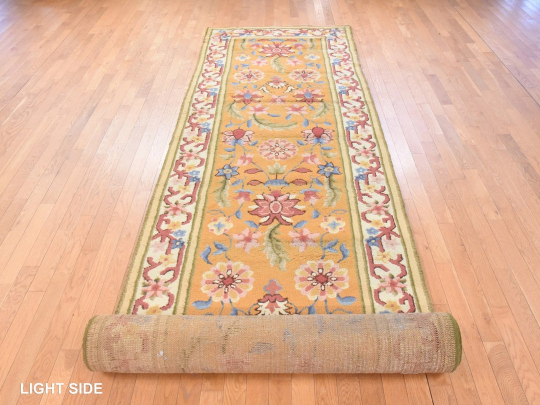 4'4" x 17'4" Vintage Hand Knotted Yellow Wool Runner Oriental Rug - MOA10278639