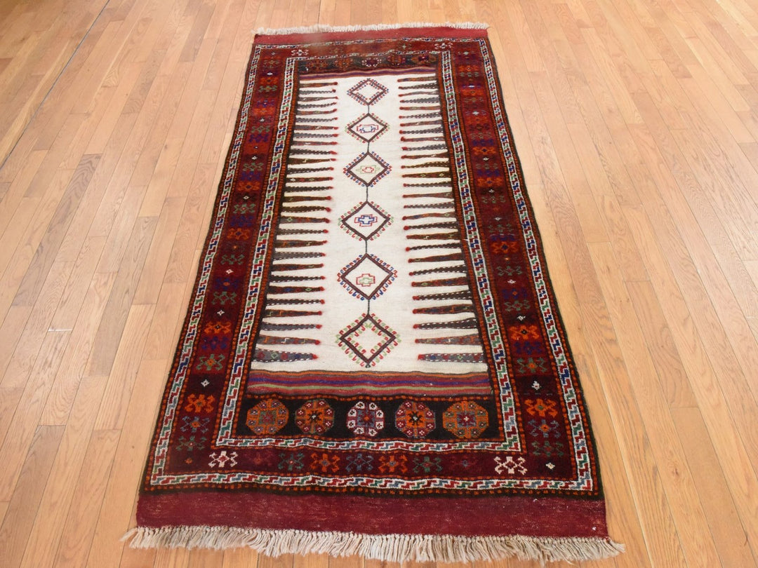 3'9" x 7'4" Vintage Hand Woven Ivory Wool Runner Oriental Rug - MOA10278644