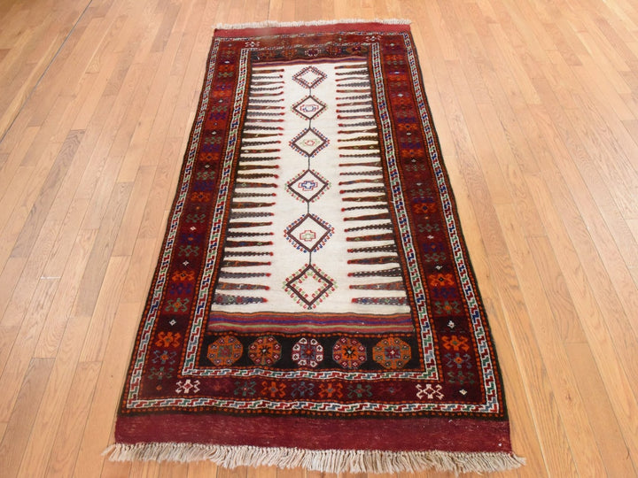 3'9" x 7'4" Vintage Hand Woven Ivory Wool Runner Oriental Rug - MOA10278644