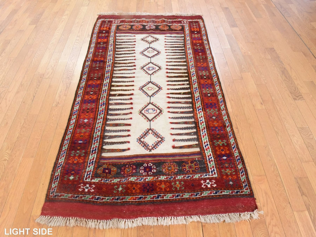 3'9" x 7'4" Vintage Hand Woven Ivory Wool Runner Oriental Rug - MOA10278644