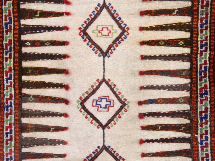 3'9" x 7'4" Vintage Hand Woven Ivory Wool Runner Oriental Rug - MOA10278644