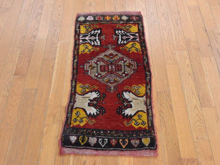1'8" x 3'7" Vintage Hand Knotted Red Wool Rectangle Oriental Rug - MOA10278652