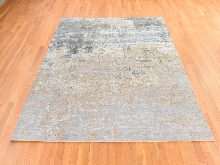 8'0" x 9'10" New Hand Knotted Grey Wool & Silk Rectangle Oriental Rug - MOA10278665