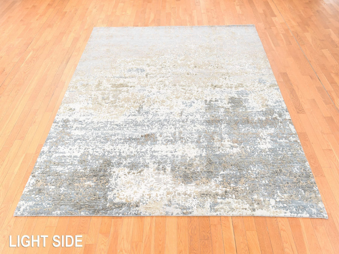 8'0" x 9'10" New Hand Knotted Grey Wool & Silk Rectangle Oriental Rug - MOA10278665