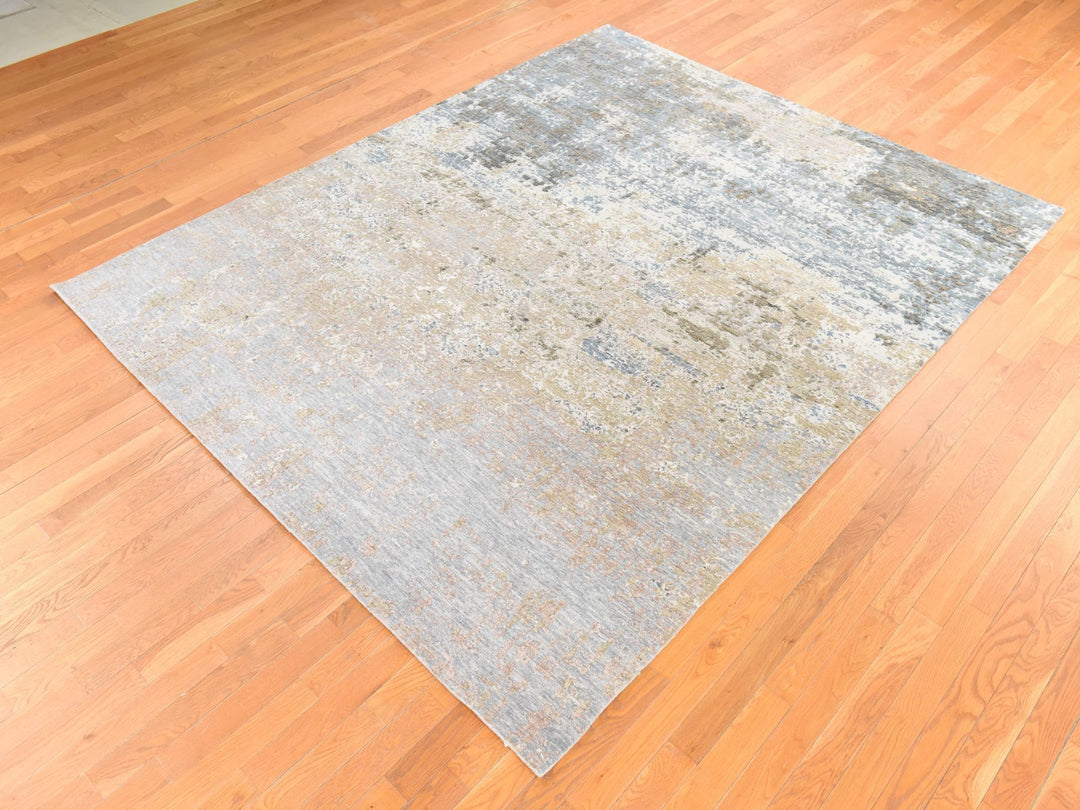 8'0" x 9'10" New Hand Knotted Grey Wool & Silk Rectangle Oriental Rug - MOA10278665