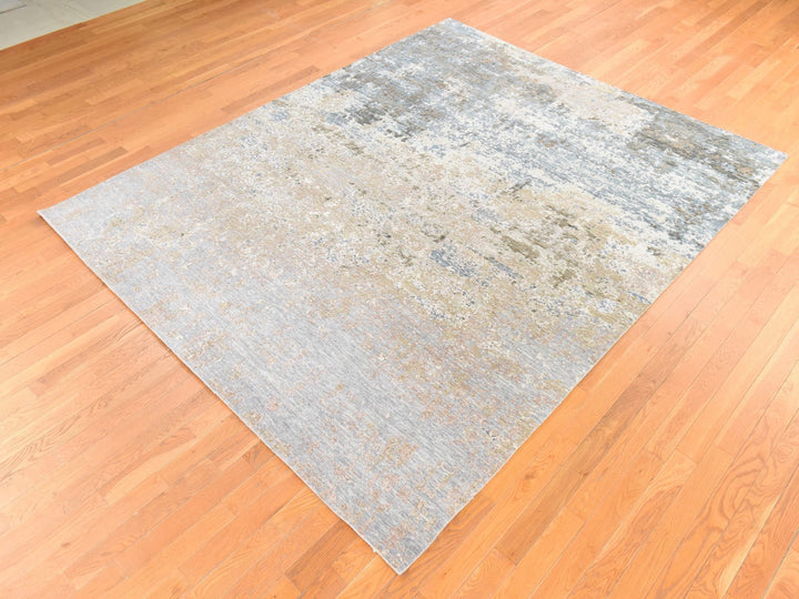 8'0" x 9'10" New Hand Knotted Grey Wool & Silk Rectangle Oriental Rug - MOA10278665