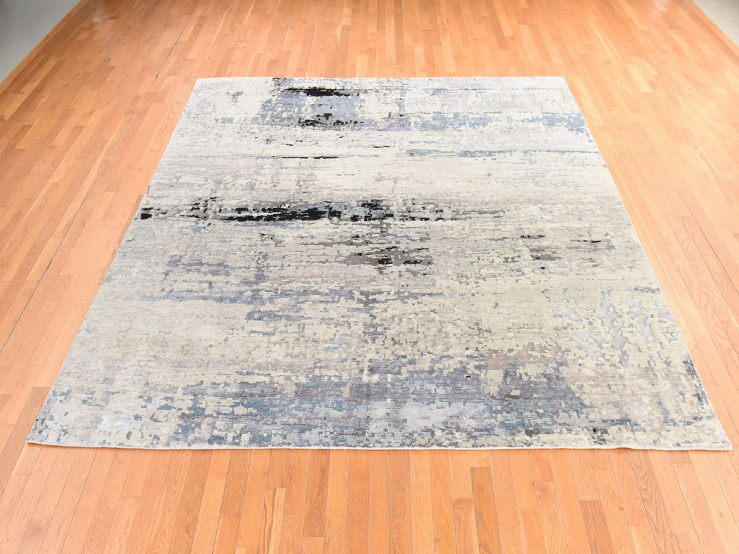 9'10" x 10'0" New Hand Knotted Grey Wool & Silk Square Oriental Rug - MOA10278667