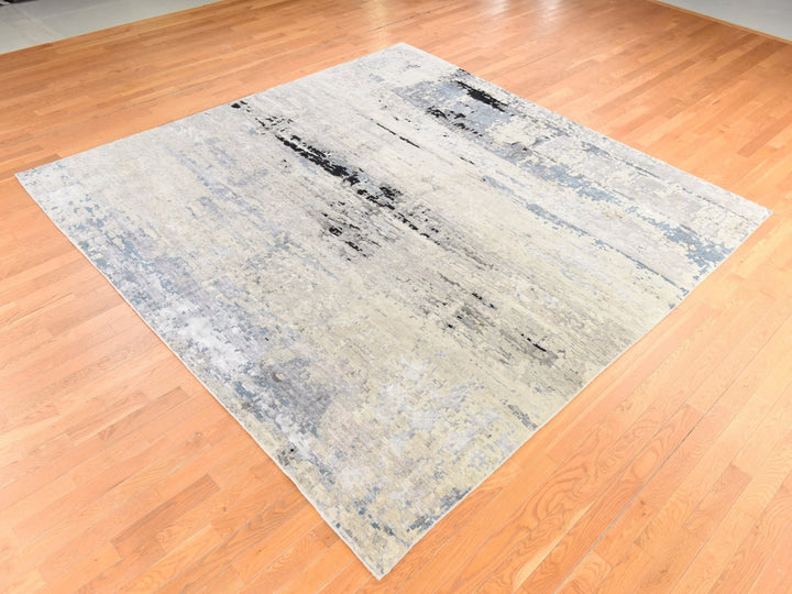9'10" x 10'0" New Hand Knotted Grey Wool & Silk Square Oriental Rug - MOA10278667