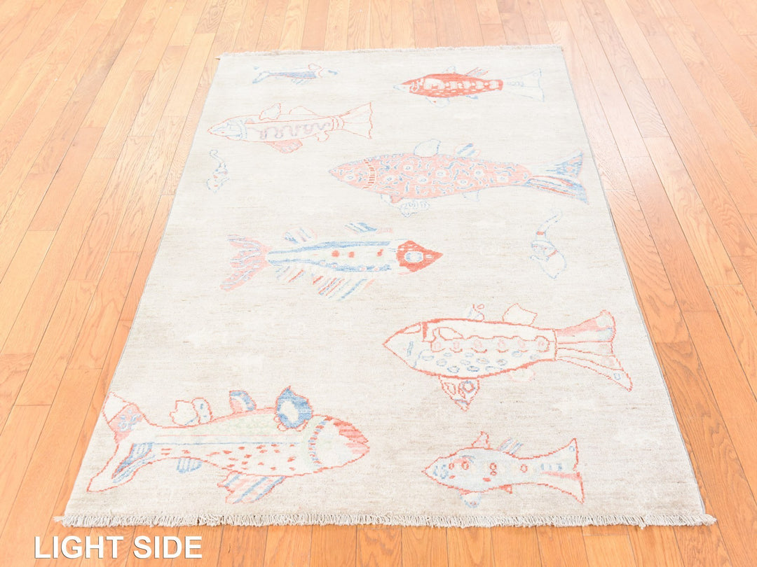 4'0" x 6'0" New Hand Knotted Ivory Wool Rectangle Oriental Rug - MOA10278677