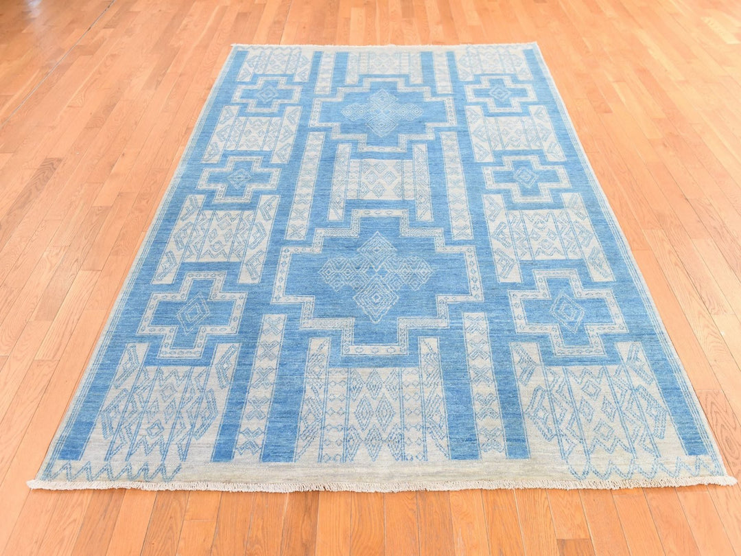 6'0" x 8'9" New Hand Knotted Blue Wool Rectangle Oriental Rug - MOA10278685