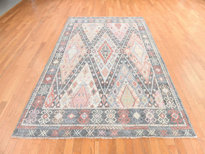 6'1" x 9'2" New Hand Knotted Grey Wool Rectangle Oriental Rug - MOA10278686