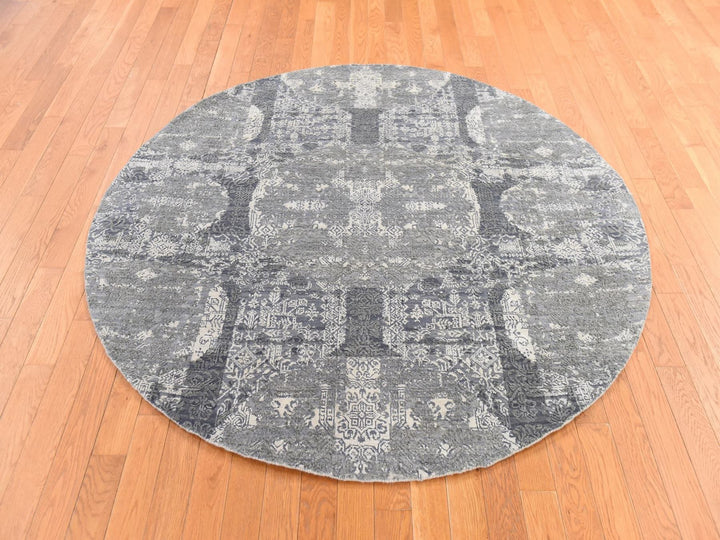 6'0" x 6'0" New Hand Knotted Grey Wool & Silk Round Oriental Rug - MOA10278694