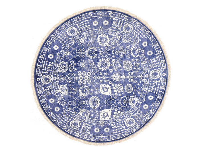 6'2" x 6'2" New Hand Knotted Blue Wool & Silk Round Oriental Rug - MOA10278702