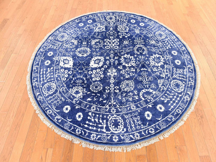 6'2" x 6'2" New Hand Knotted Blue Wool & Silk Round Oriental Rug - MOA10278702