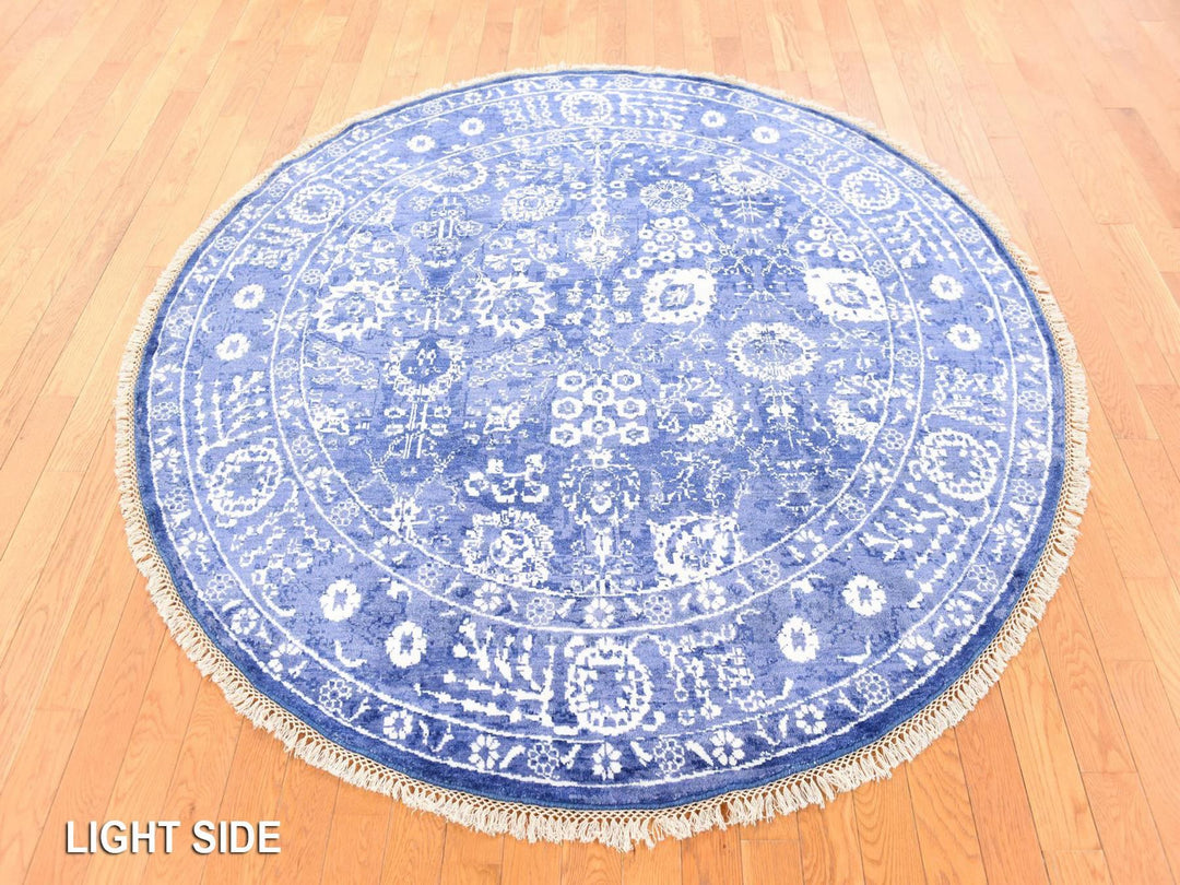 6'2" x 6'2" New Hand Knotted Blue Wool & Silk Round Oriental Rug - MOA10278702
