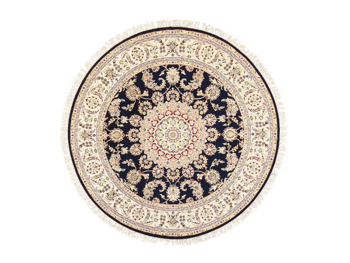 6'0" x 6'0" New Hand Knotted Blue Wool & Silk Round Oriental Rug - MOA10278703