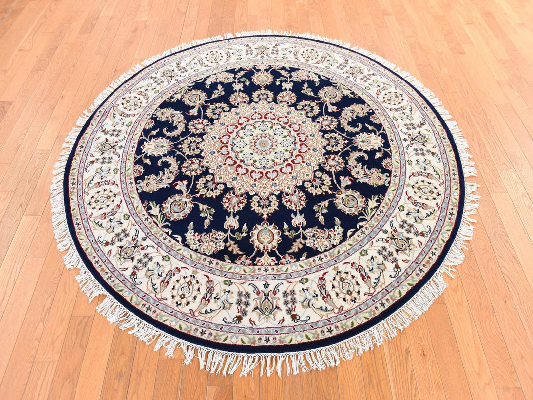 6'0" x 6'0" New Hand Knotted Blue Wool & Silk Round Oriental Rug - MOA10278703