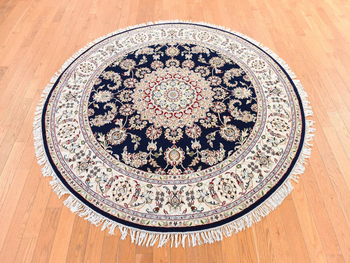 6'0" x 6'0" New Hand Knotted Blue Wool & Silk Round Oriental Rug - MOA10278703