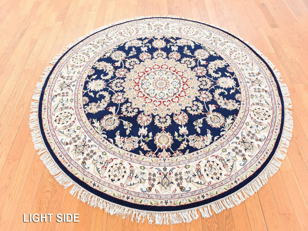 6'0" x 6'0" New Hand Knotted Blue Wool & Silk Round Oriental Rug - MOA10278703