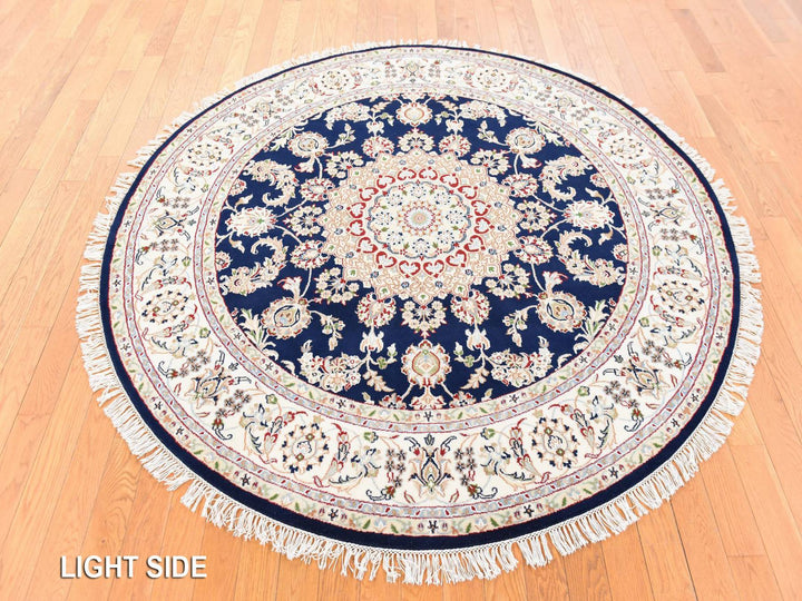 6'0" x 6'0" New Hand Knotted Blue Wool & Silk Round Oriental Rug - MOA10278703