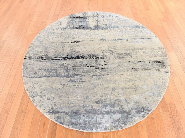 6'0" x 6'0" New Hand Knotted Grey Wool & Silk Round Oriental Rug - MOA10278705