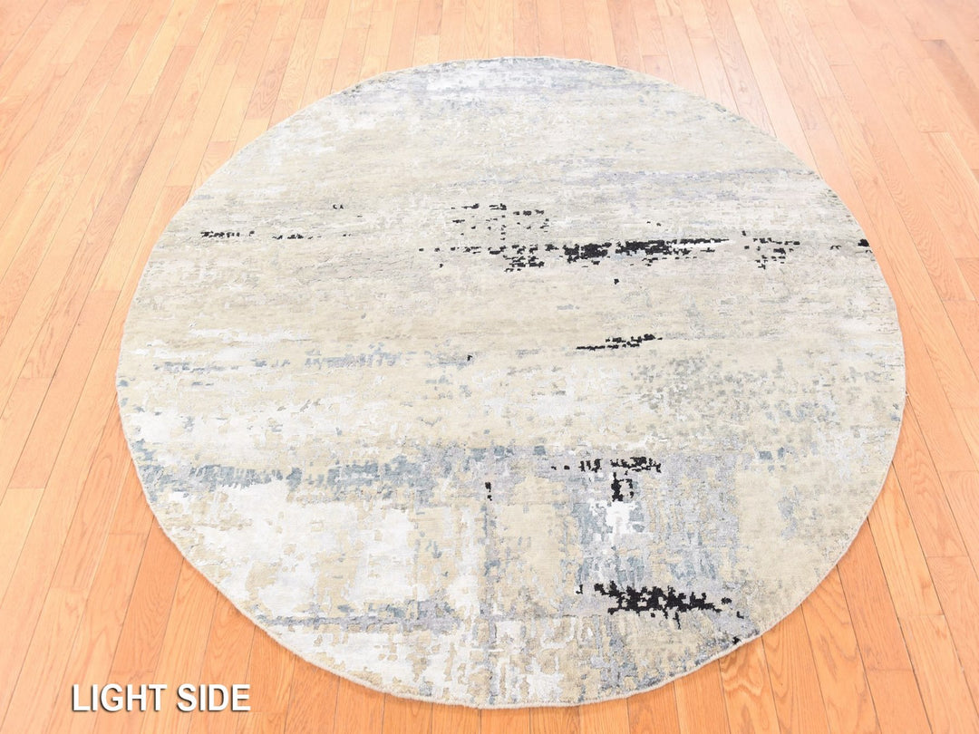 6'0" x 6'0" New Hand Knotted Grey Wool & Silk Round Oriental Rug - MOA10278705