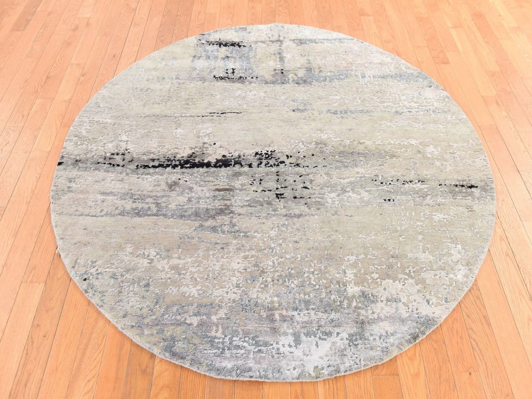 6'0" x 6'0" New Hand Knotted Grey Wool & Silk Round Oriental Rug - MOA10278706
