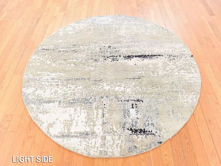 6'0" x 6'0" New Hand Knotted Grey Wool & Silk Round Oriental Rug - MOA10278706