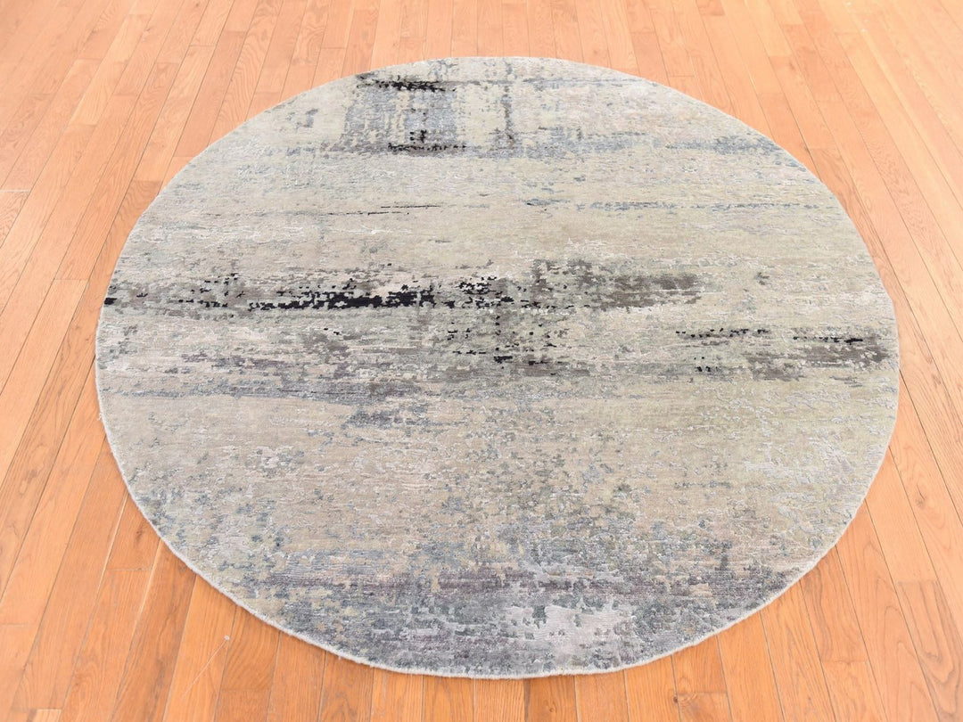 6'0" x 6'0" New Hand Knotted Grey Wool & Silk Round Oriental Rug - MOA10278707