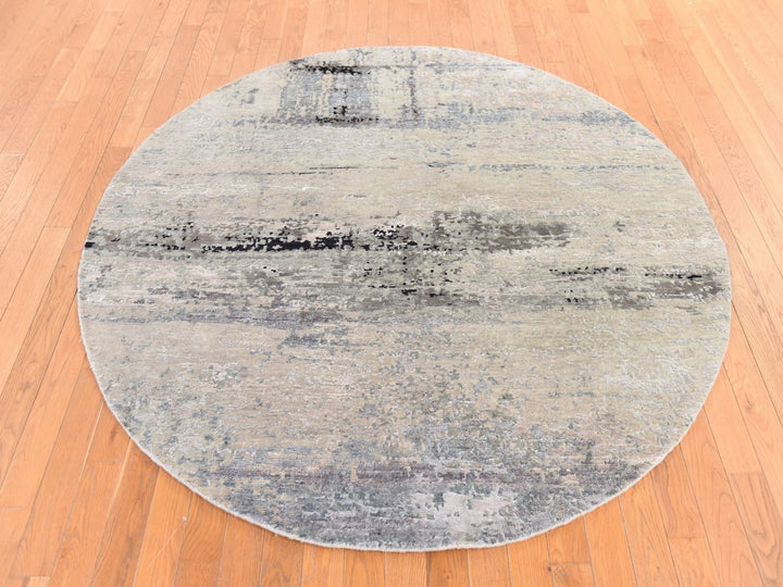 6'0" x 6'0" New Hand Knotted Grey Wool & Silk Round Oriental Rug - MOA10278707