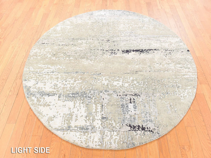 6'0" x 6'0" New Hand Knotted Grey Wool & Silk Round Oriental Rug - MOA10278707