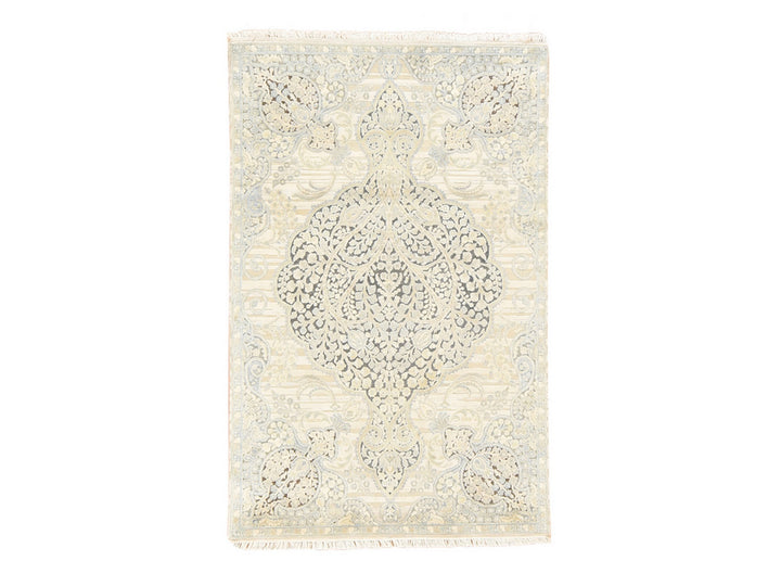 4'0" x 6'3" New Hand Knotted Beige Silk Rectangle Oriental Rug - MOA10278710