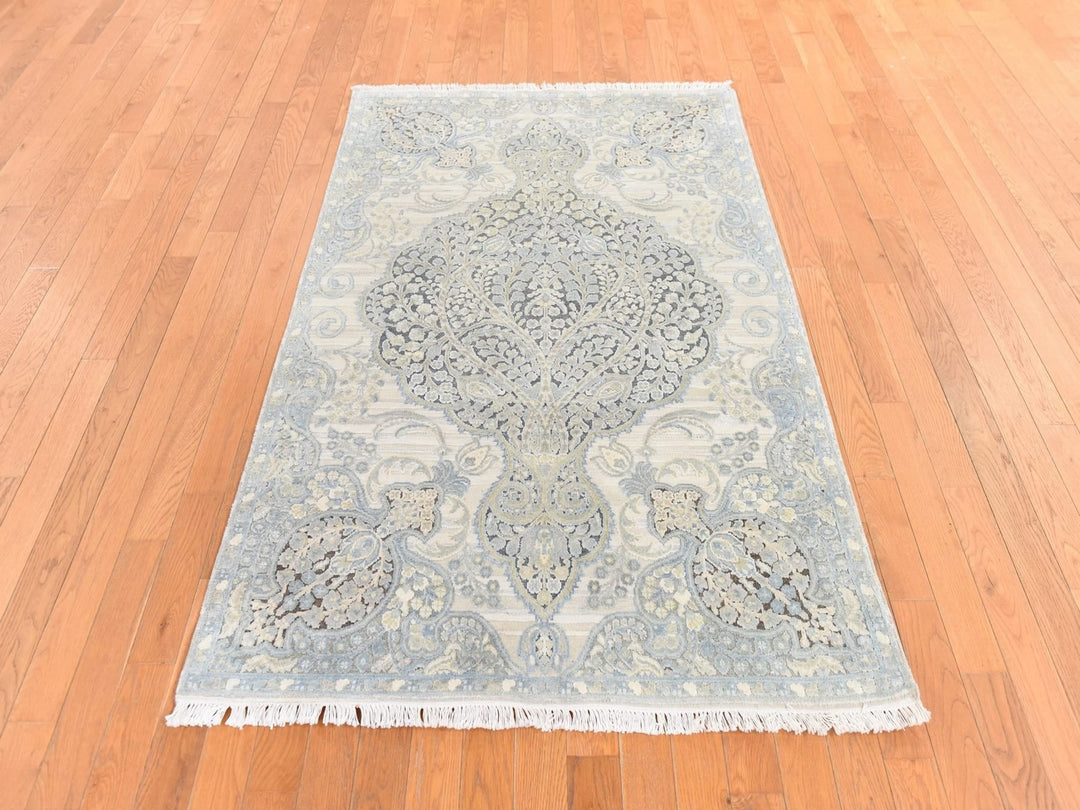 4'0" x 6'3" New Hand Knotted Beige Silk Rectangle Oriental Rug - MOA10278710