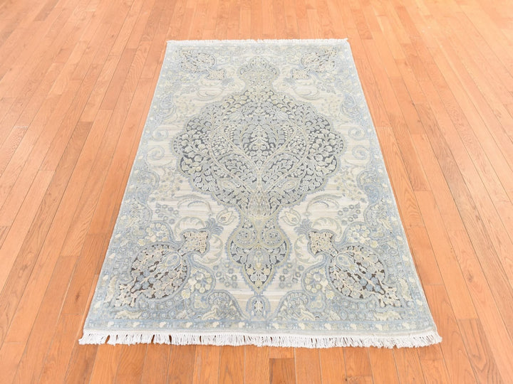 4'0" x 6'3" New Hand Knotted Beige Silk Rectangle Oriental Rug - MOA10278710