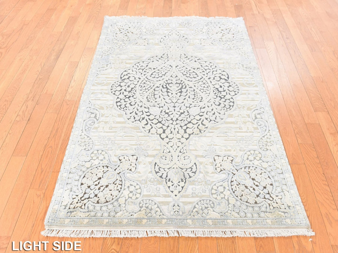 4'0" x 6'3" New Hand Knotted Beige Silk Rectangle Oriental Rug - MOA10278710