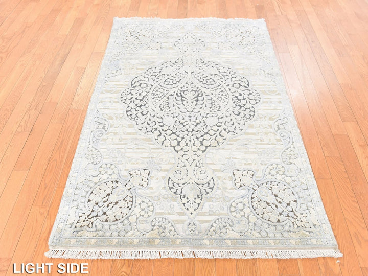 4'0" x 6'3" New Hand Knotted Beige Silk Rectangle Oriental Rug - MOA10278710
