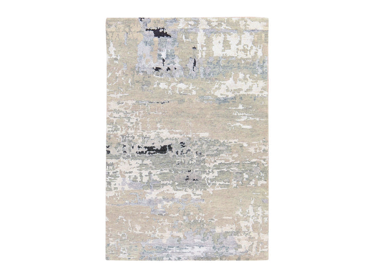 4'0" x 6'0" New Hand Knotted Grey Wool & Silk Rectangle Oriental Rug - MOA10278711