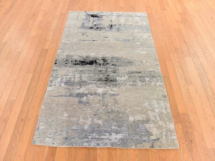4'0" x 6'0" New Hand Knotted Grey Wool & Silk Rectangle Oriental Rug - MOA10278711
