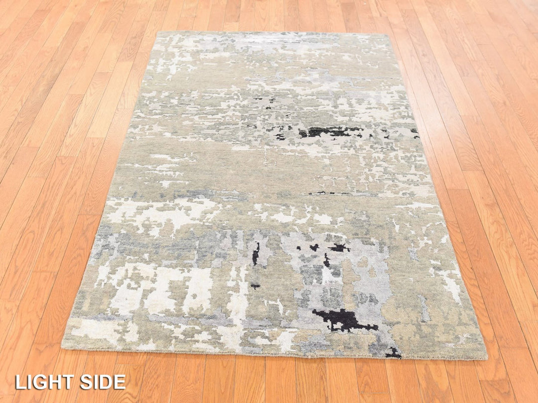 4'0" x 6'0" New Hand Knotted Grey Wool & Silk Rectangle Oriental Rug - MOA10278711