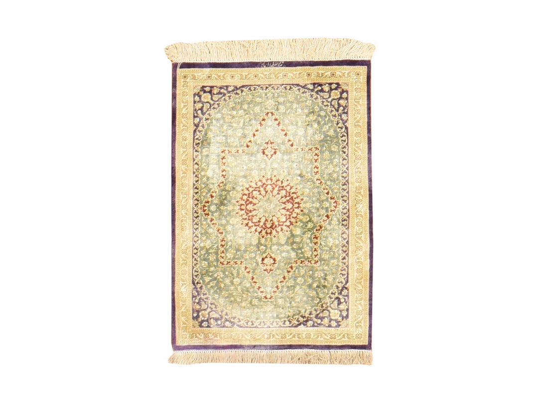 1'7" x 2'4" Vintage Hand Knotted Green Silk Rectangle Oriental Rug - MOA10278715