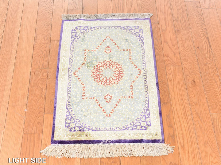 1'7" x 2'4" Vintage Hand Knotted Green Silk Rectangle Oriental Rug - MOA10278715