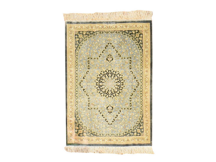 1'8" x 2'4" Vintage Hand Knotted Green Silk Rectangle Oriental Rug - MOA10278716