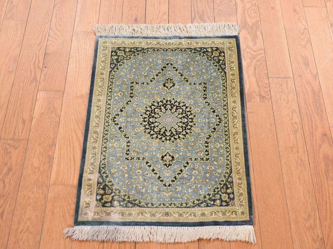 1'8" x 2'4" Vintage Hand Knotted Green Silk Rectangle Oriental Rug - MOA10278716