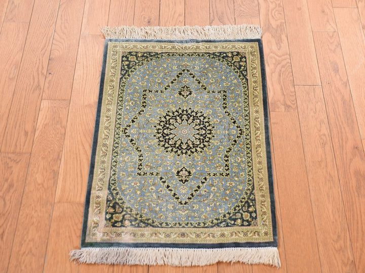 1'8" x 2'4" Vintage Hand Knotted Green Silk Rectangle Oriental Rug - MOA10278716