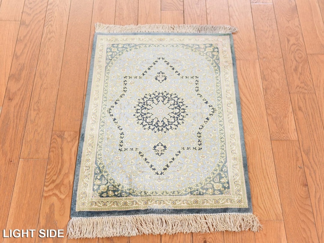 1'8" x 2'4" Vintage Hand Knotted Green Silk Rectangle Oriental Rug - MOA10278716