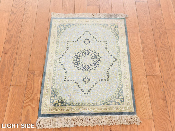 1'8" x 2'4" Vintage Hand Knotted Green Silk Rectangle Oriental Rug - MOA10278716