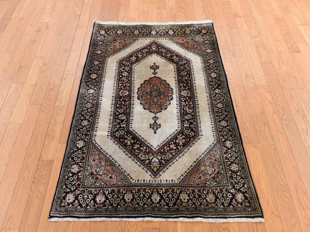3'3" x 5'0" Vintage Hand Knotted Ivory Silk Rectangle Oriental Rug - MOA10278719